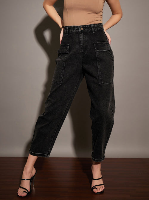 Women Black Washed Balloon Fit Jeans