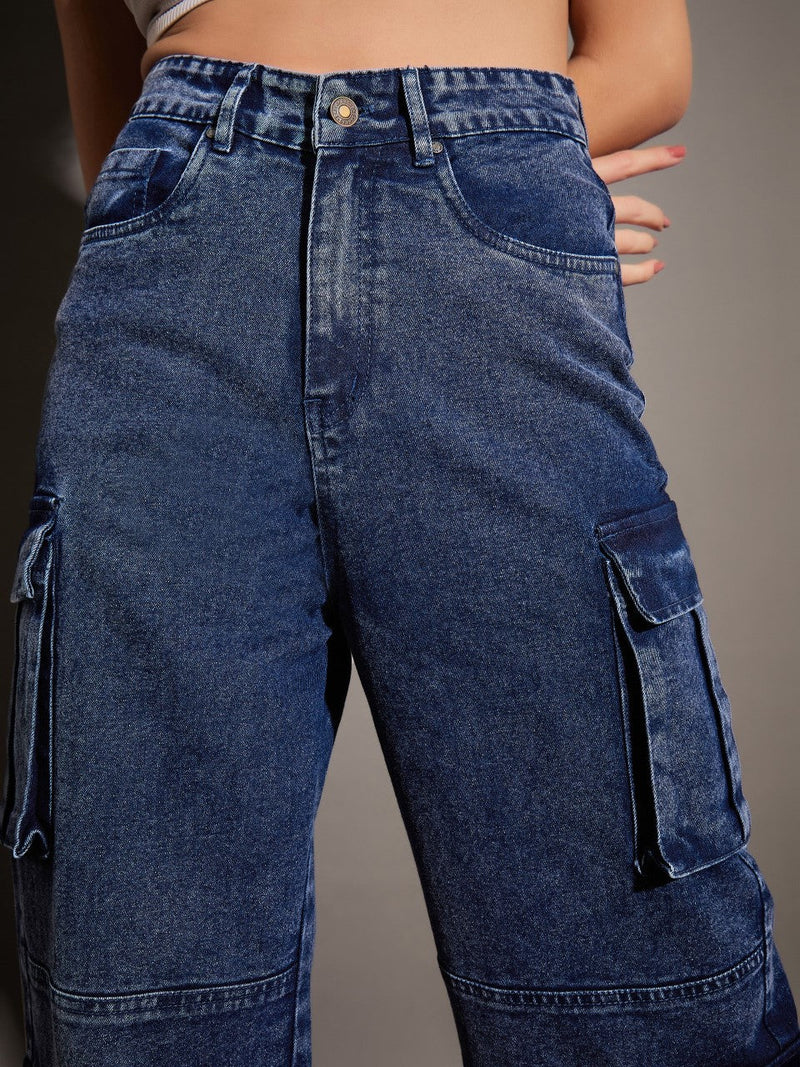 Women Blue Washed Multi Pocket Stretch Straight Jeans