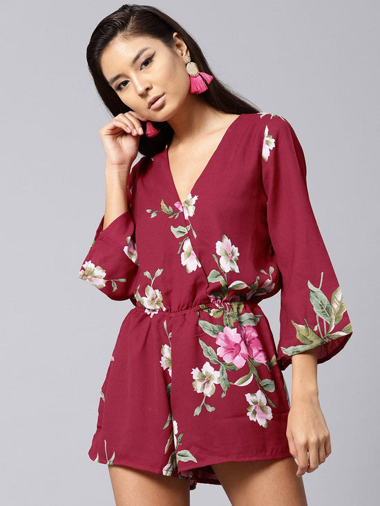 Maroon Tropical Wrap Romper