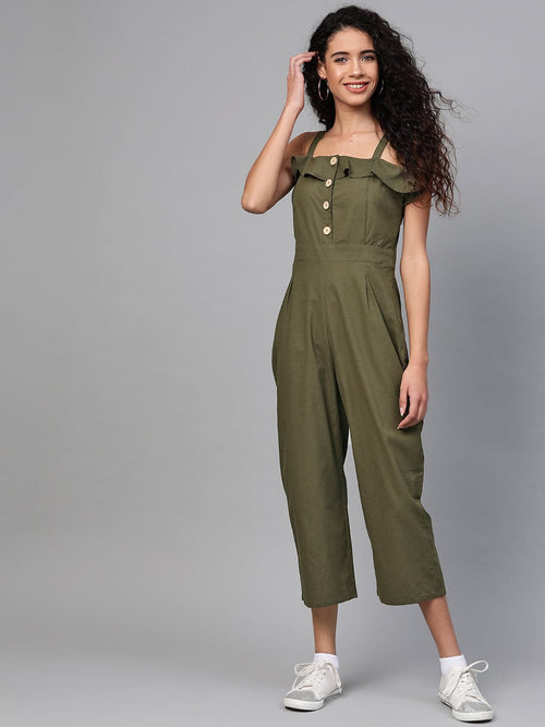 Olive Strappy Button Detail Jumpsuit