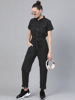 Black Belted Twill Tapered Jumpsuit