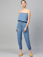 Teal Blue Side Tape Tube Bardot Jumpsuit