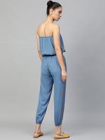 Teal Blue Side Tape Tube Bardot Jumpsuit