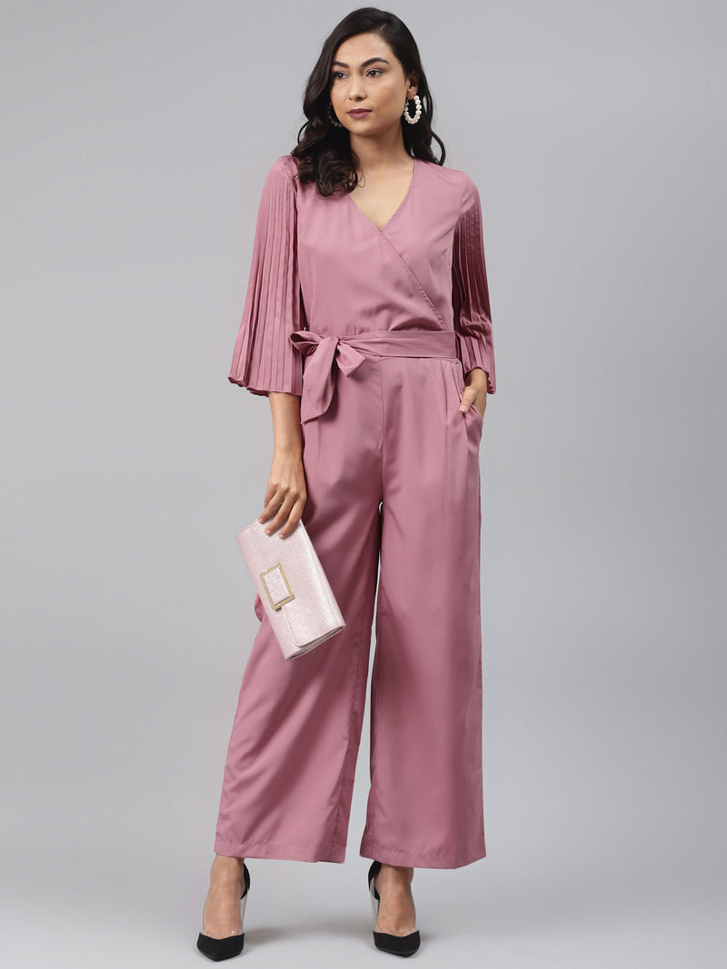 Baked Pink Wrap Pleated Sleeves Jumpsuit