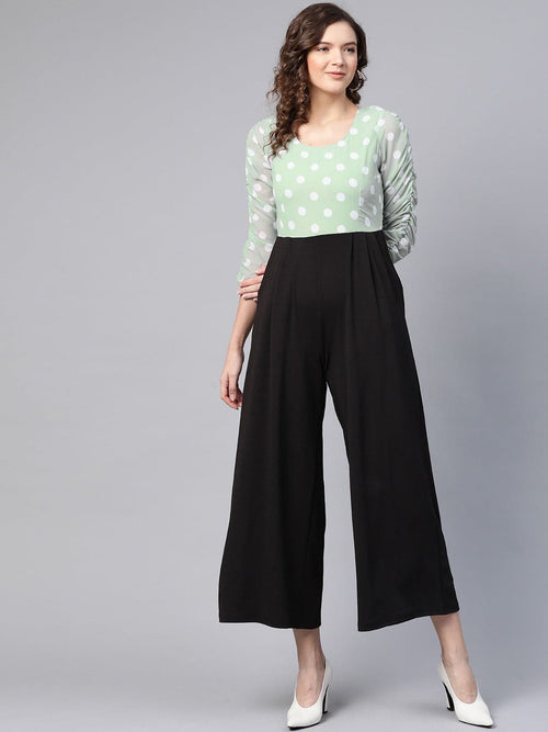 Sea Green Polka Dot Sleeve Rouching Jumpsuit