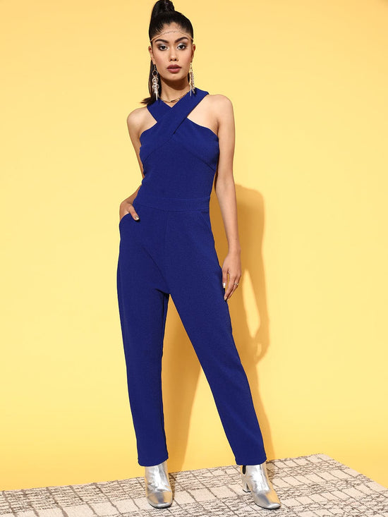 Women Royal Blue Halter Neck Tapered Jumpsuit