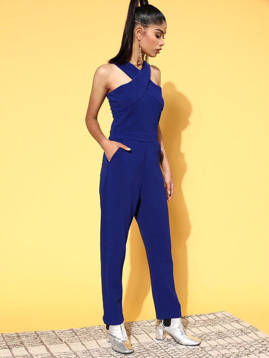 Women Royal Blue Halter Neck Tapered Jumpsuit