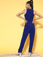 Women Royal Blue Halter Neck Tapered Jumpsuit