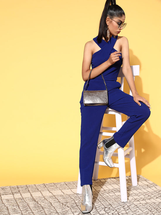 Women Royal Blue Halter Neck Tapered Jumpsuit