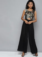 Green Floral Chiffon Sleeveless Flared Jumpsuit