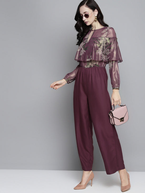 Purple Floral Chiffon Cape Look Jumpsuit