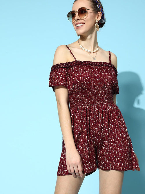 Women Maroon Floral Cold Shoulder Romper