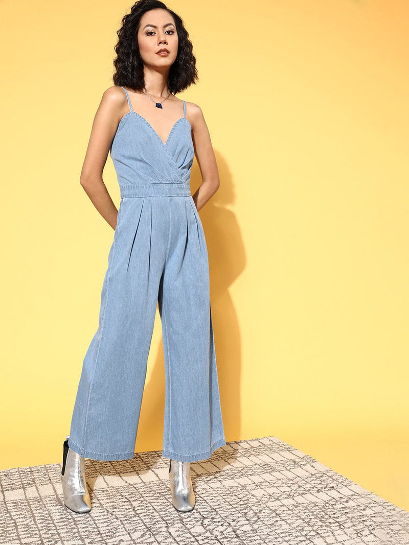 Wholesale Women Blue Pleated Wrap Tencel Jumpsuit – Tradyl