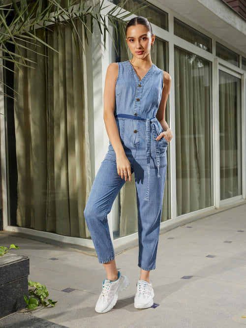 Women Blue Blast Wash Tencel Sleeveless Jumpsuit