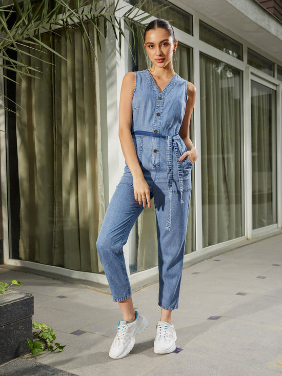 Women Blue Blast Wash Tencel Sleeveless Jumpsuit