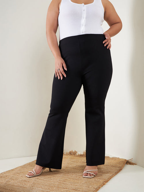 Women Black Bell Bottom 4-Way Stretch Trousers