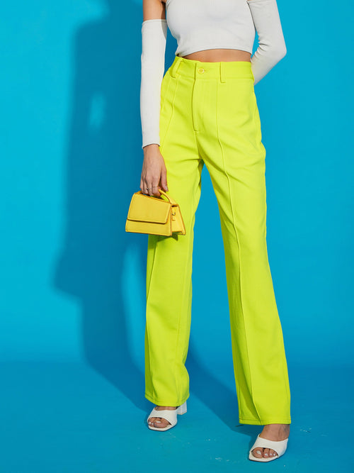 Women Neon Yellow Knitted Front Darted Pants
