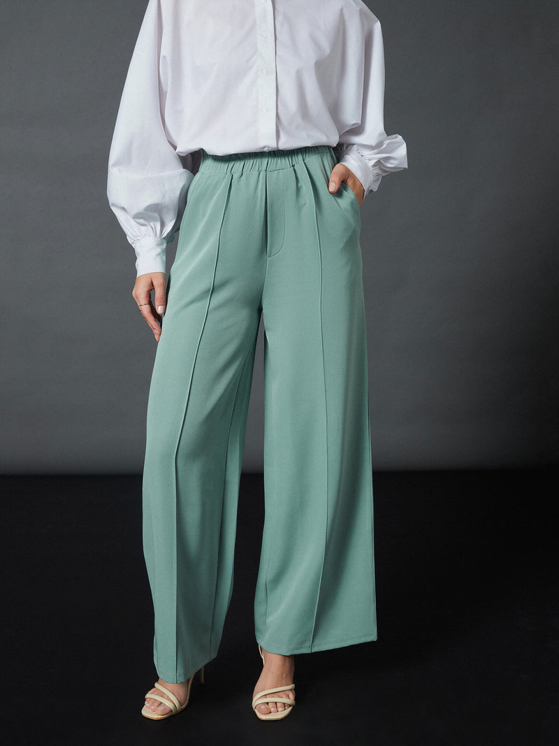 Women Blue Front Darted Palazzo Pants
