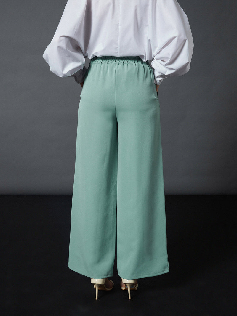 Women Blue Front Darted Palazzo Pants
