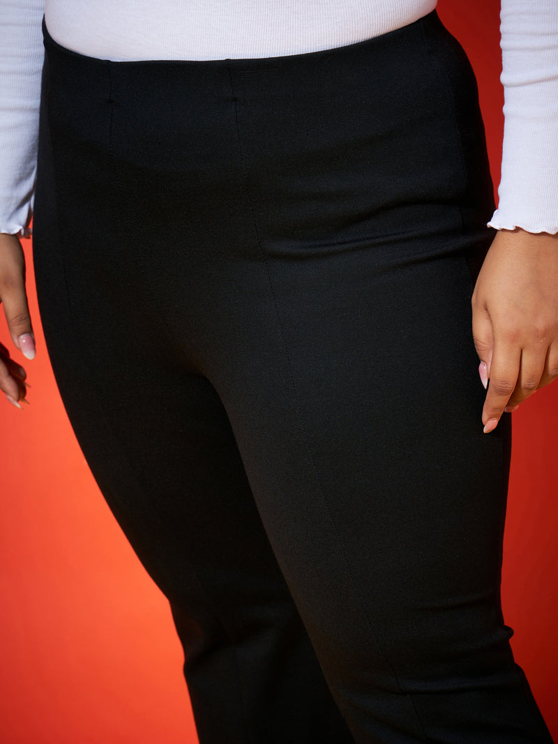 Women Black Front Slit Hem Bell Bottom Trousers