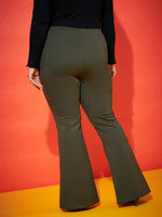 Women Olive Front Slit Hem Bell Bottom Trousers