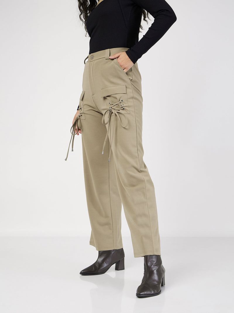 Women Beige Cris Cross Pocket Detail Cargo Pants
