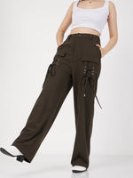 Women Olive Cris Cross Pocket Detail Cargo Pants