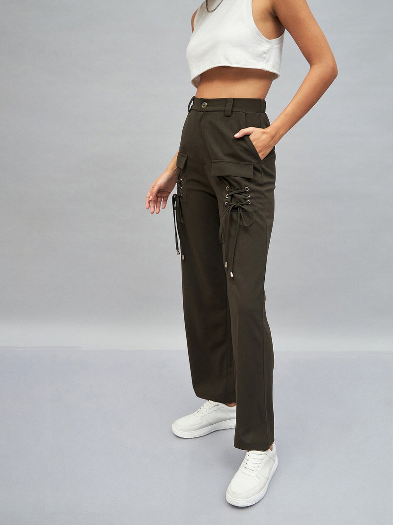 Women Olive Cris Cross Pocket Detail Cargo Pants