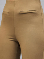 Women Beige Bone Pocket Bell Bottom Pants