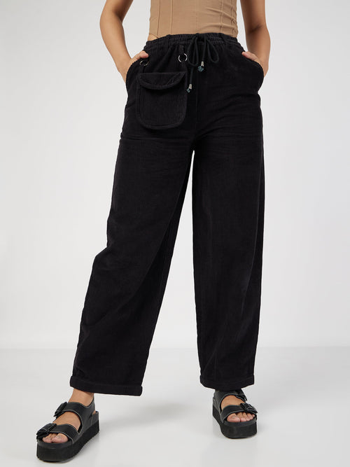 Women Black Corduroy Pouch Pocket Drawstring Pants