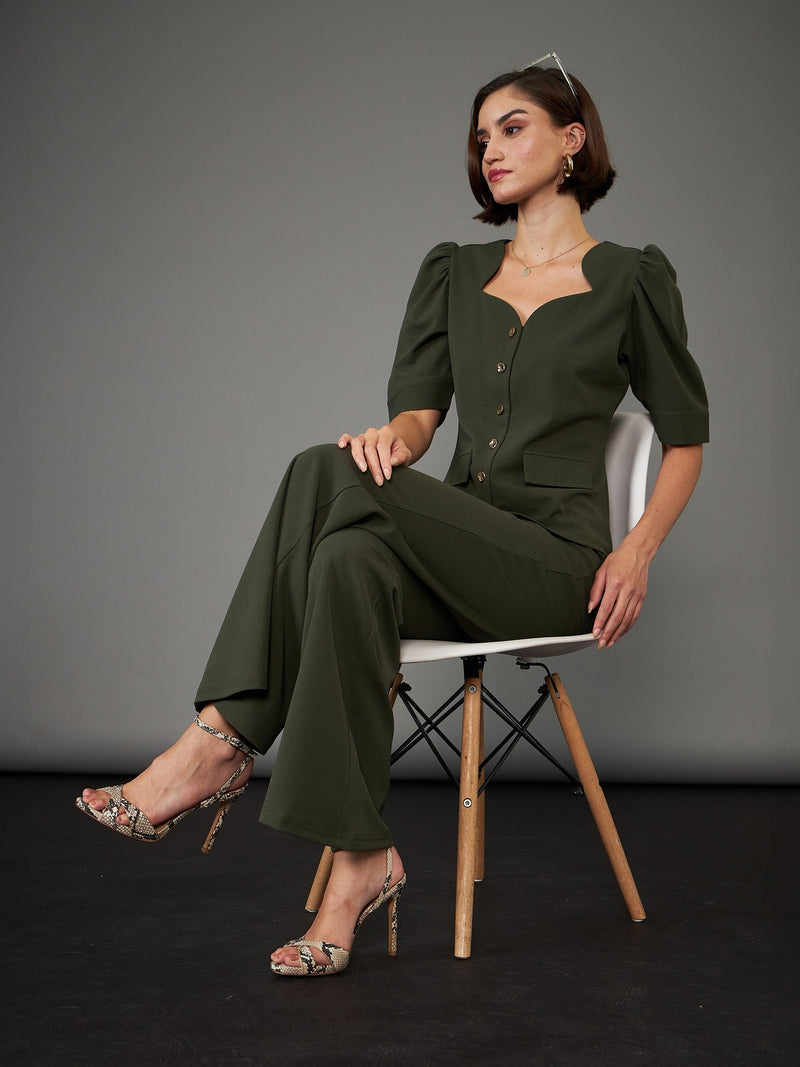 Women Olive Front Button Bell Bottom Pants
