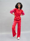 Women Red Knitted Contrast Pockets Track Pants