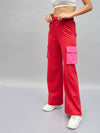 Women Red Knitted Contrast Pockets Track Pants