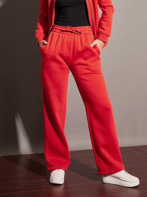Women Red Fleece Track Pants