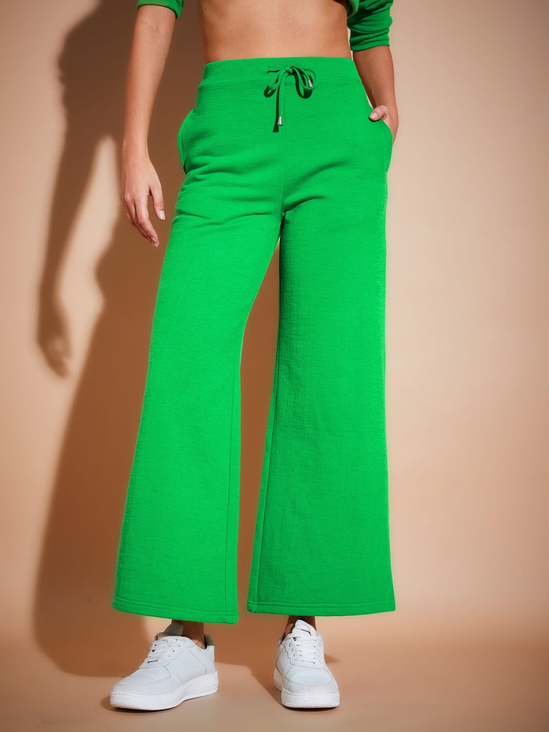 Women Green Fleece Wide Leg Track Pants