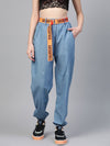 Ice Blue Contrast Belted Denim Jogger