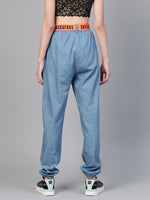 Ice Blue Contrast Belted Denim Jogger