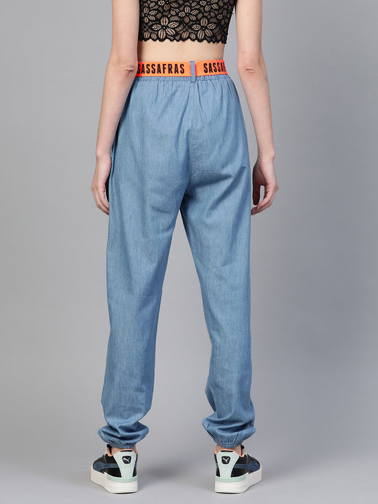 Ice Blue Contrast Belted Denim Jogger