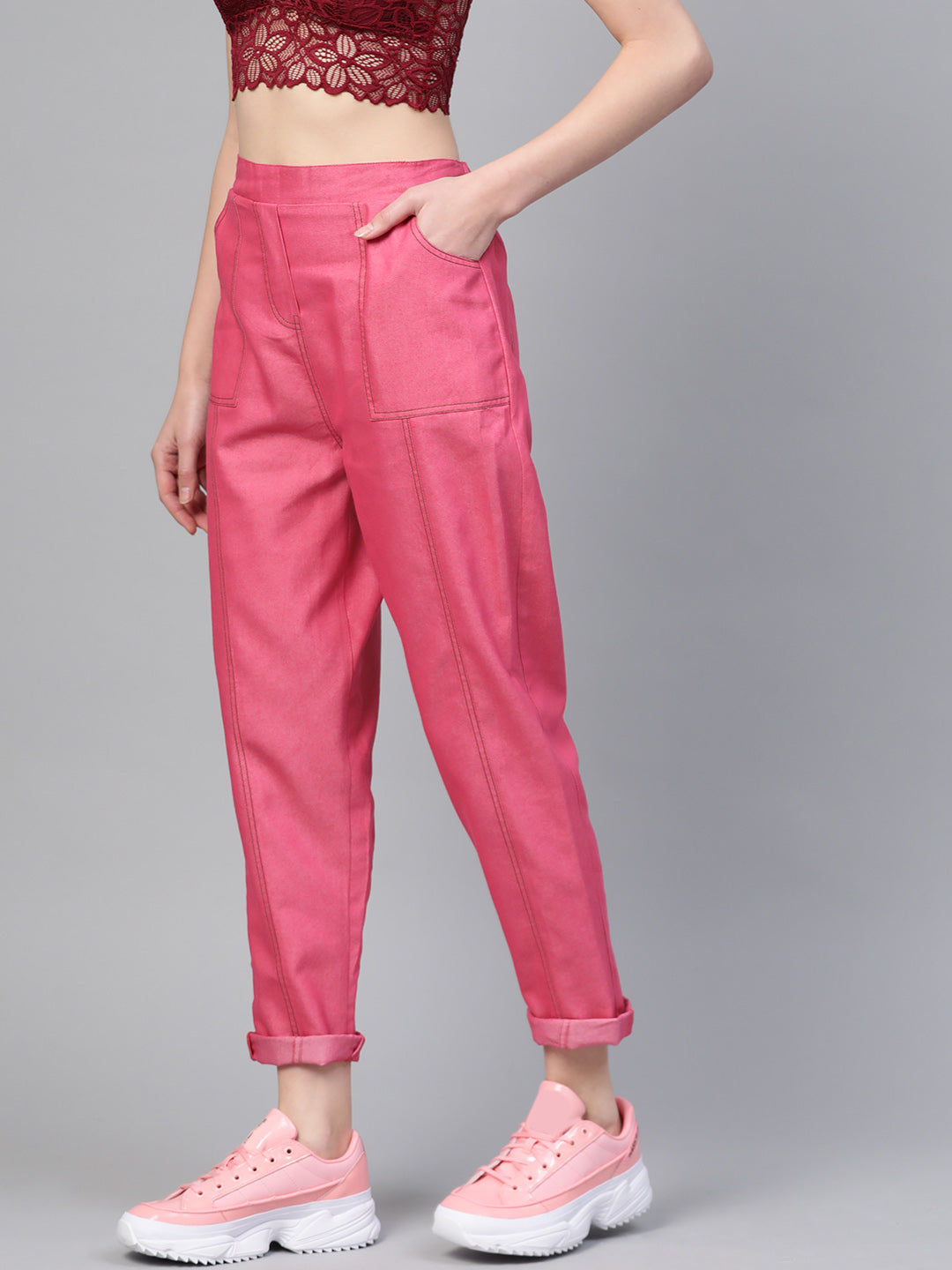 Women Fuchsia Twisted Waist Bell Bottom Pants