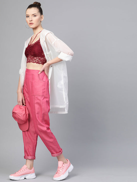 Fuchsia Contrast Stitch Twill Tapered Pants