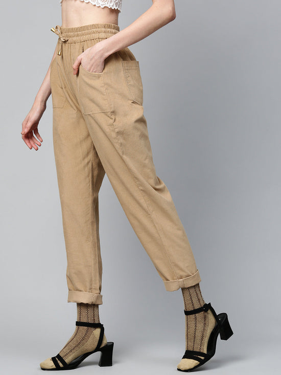 Beige Corduroy Street Style Drawstring Pants