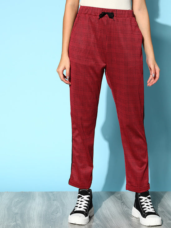 Women Red Check Side Tape Jacquard Pants