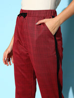 Women Red Check Side Tape Jacquard Pants