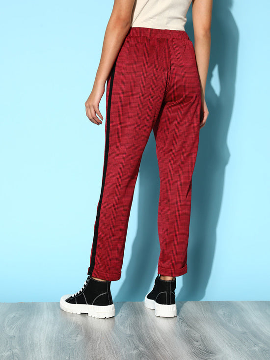 Women Red Check Side Tape Jacquard Pants