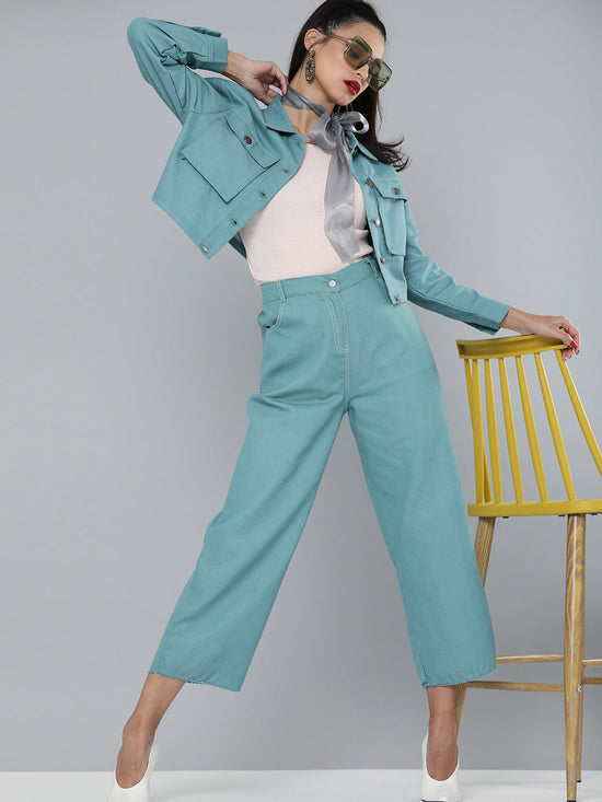 Sea Green Denim Contrast Stitch Wide Pants