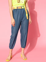 Women Blue Contrast Belted Denim Joggers