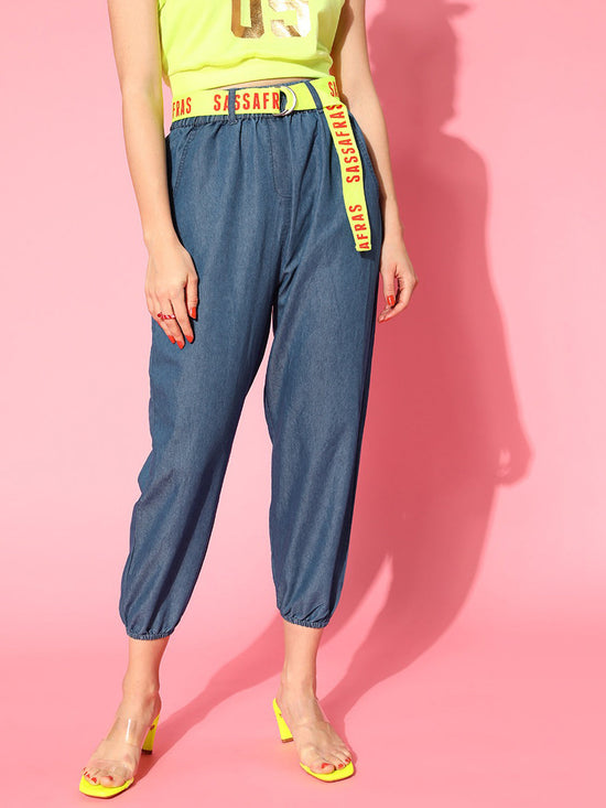 Women Blue Contrast Belted Denim Joggers