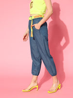 Women Blue Contrast Belted Denim Joggers