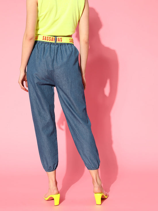 Women Blue Contrast Belted Denim Joggers