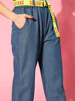 Women Blue Contrast Belted Denim Joggers